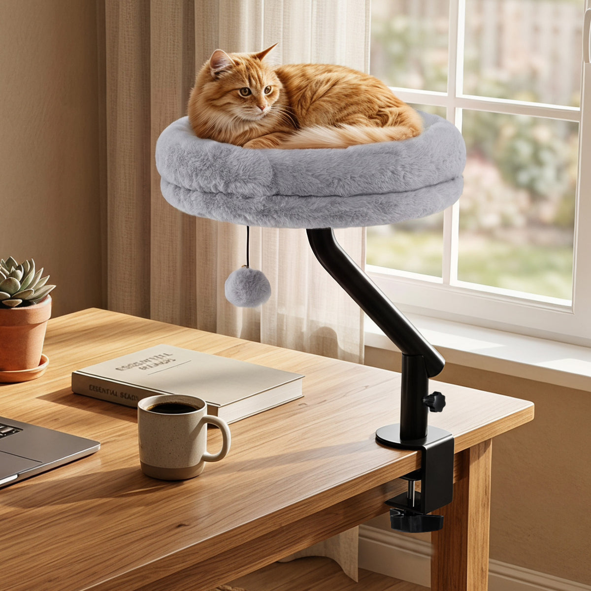 360° Rotating Cat Desk Bed for Indoor Cats with Removable Perch-Gray view 2