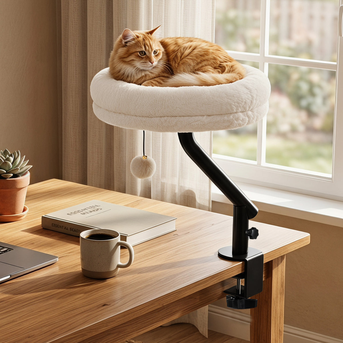 360° Rotating Cat Desk Bed for Indoor Cats with Removable Perch-White view 3