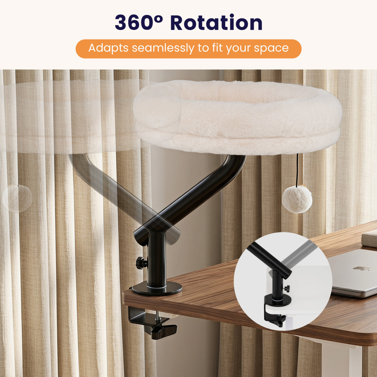 360° Rotating Cat Desk Bed for Indoor Cats with Removable Perch-White view 6