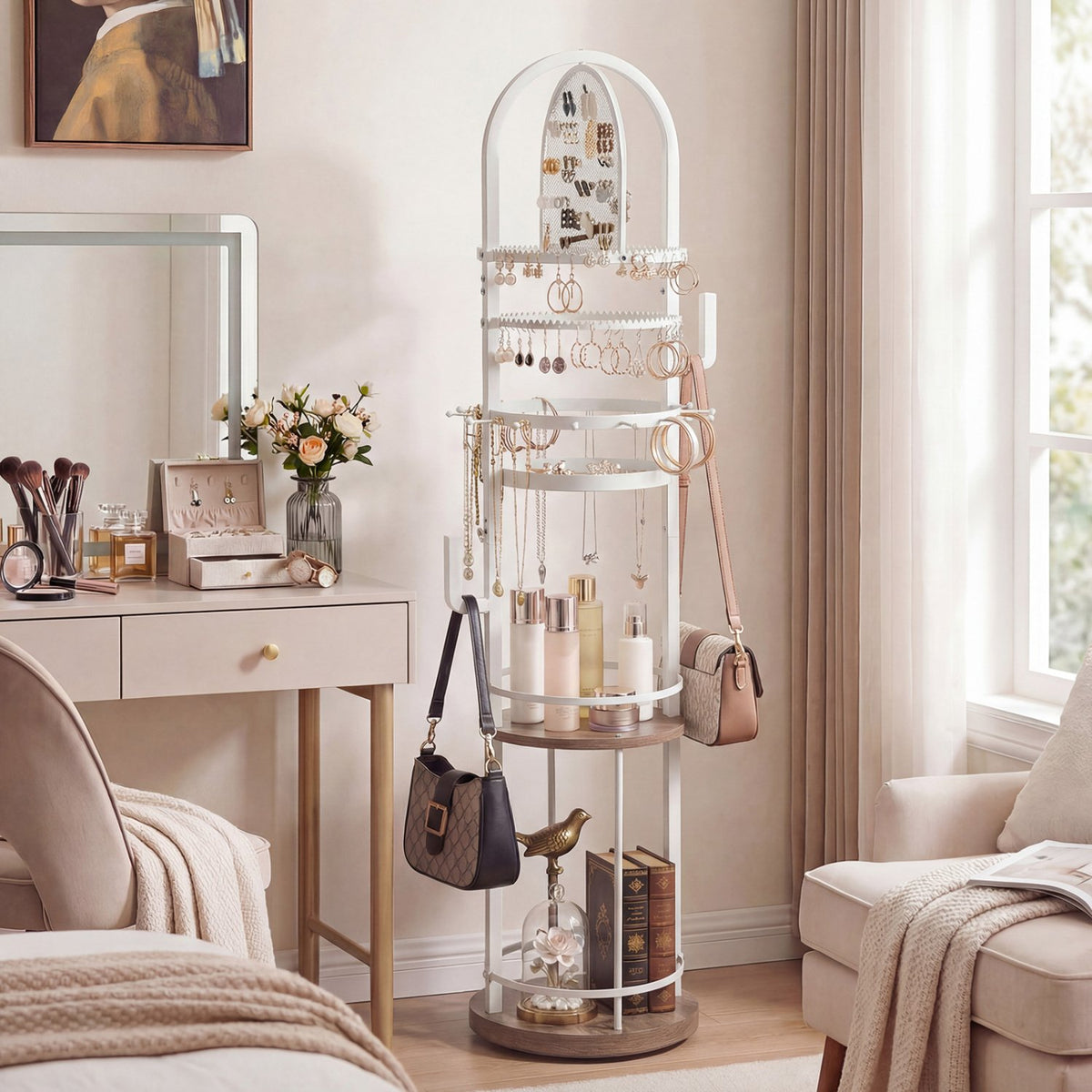 360° Rotating Floor Jewelry Storage Rack with 3 Shelves-Gray view 3