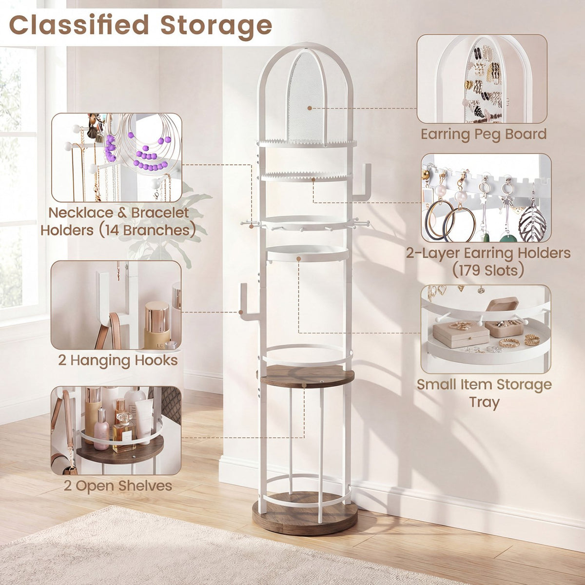 360° Rotating Floor Jewelry Storage Rack with 3 Shelves-Gray view 8