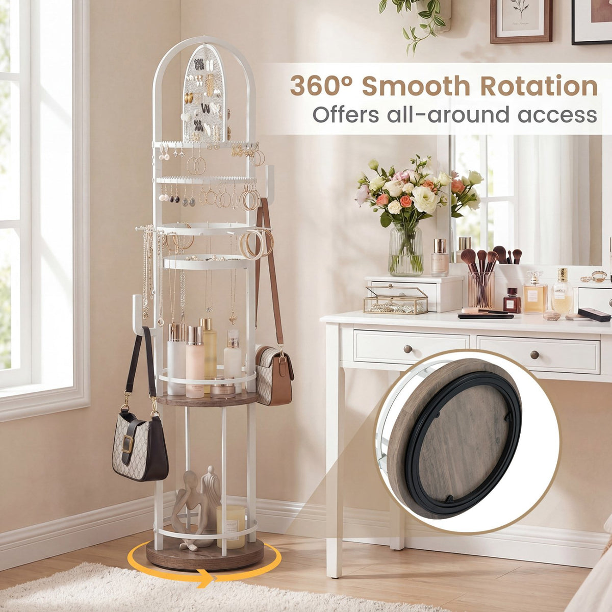 360° Rotating Floor Jewelry Storage Rack with 3 Shelves-Gray view 9