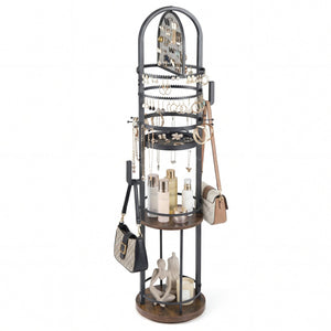 360° Rotating Floor Jewelry Storage Rack with 3 Shelves-Rustic Brown