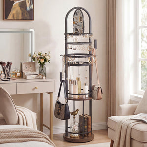 360° Rotating Floor Jewelry Storage Rack with 3 Shelves-Rustic Brown view 3