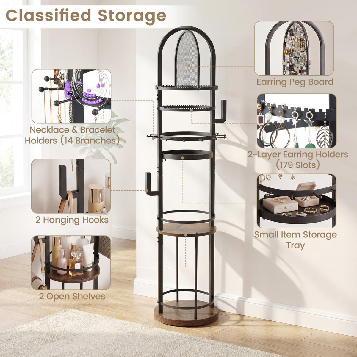 360° Rotating Floor Jewelry Storage Rack with 3 Shelves-Rustic Brown view 8