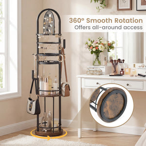 360° Rotating Floor Jewelry Storage Rack with 3 Shelves-Rustic Brown view 9