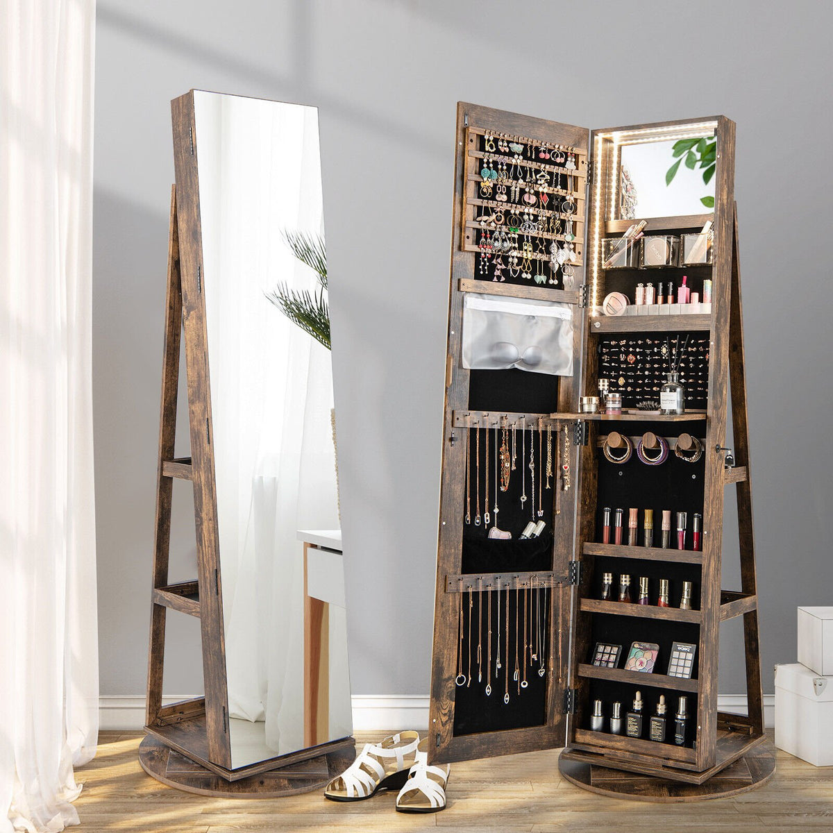 360° Rotating Mirrored Jewelry Cabinet Armoire 3 Color LED Modes Lockable-Brown view 2