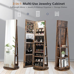 360° Rotating Mirrored Jewelry Cabinet Armoire 3 Color LED Modes Lockable-Brown view 3