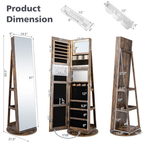 360° Rotating Mirrored Jewelry Cabinet Armoire 3 Color LED Modes Lockable-Brown view 4