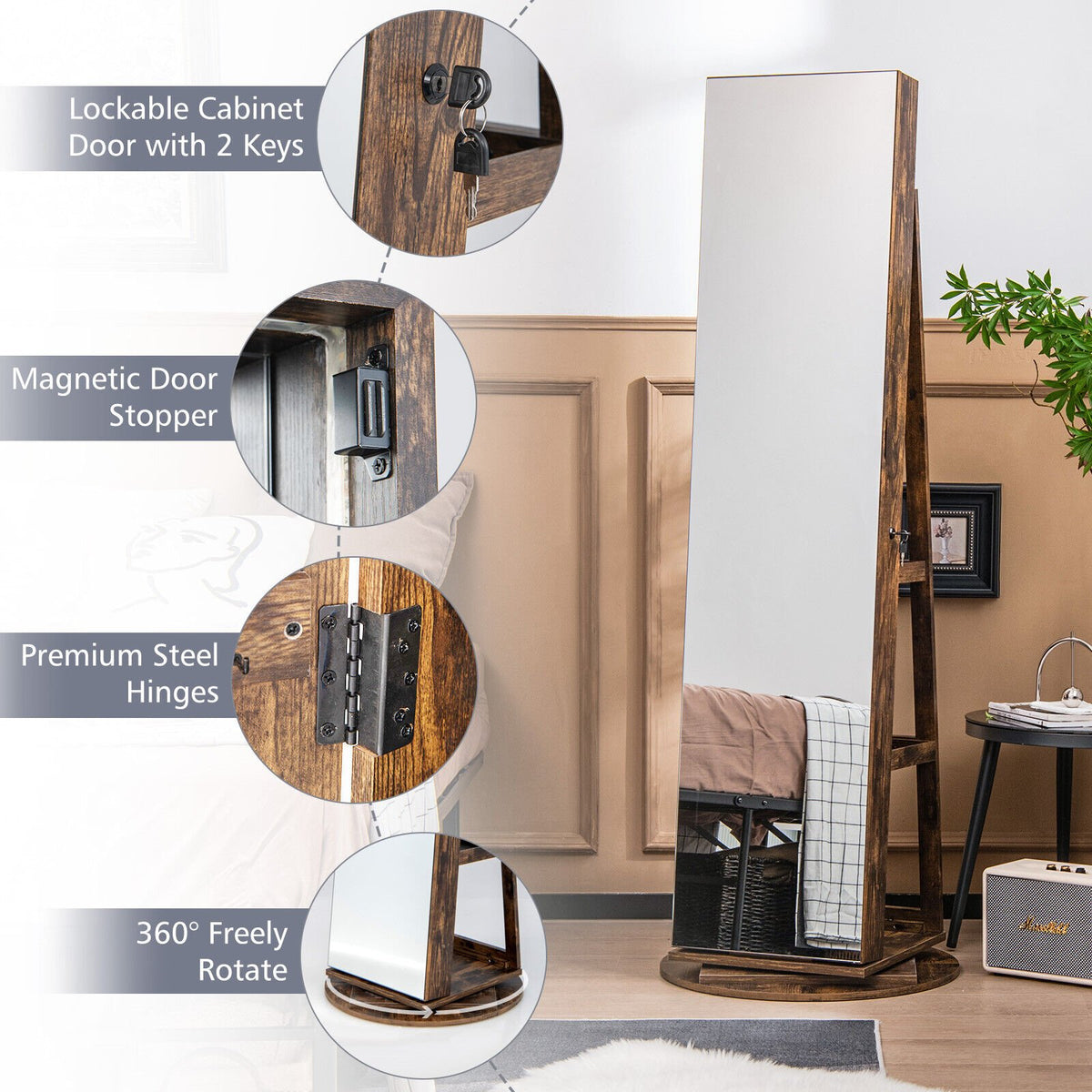 360° Rotating Mirrored Jewelry Cabinet Armoire 3 Color LED Modes Lockable-Brown view 5