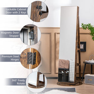 360° Rotating Mirrored Jewelry Cabinet Armoire 3 Color LED Modes Lockable-Brown view 5