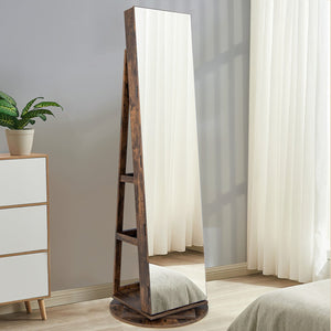 360° Rotating Mirrored Jewelry Cabinet Armoire 3 Color LED Modes Lockable-Brown view 6