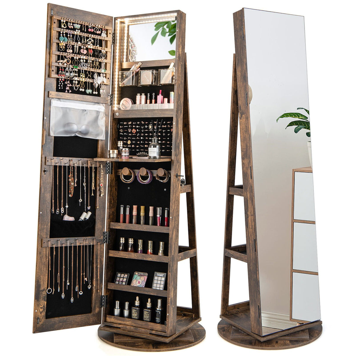 360° Rotating Mirrored Jewelry Cabinet Armoire 3 Color LED Modes Lockable-Brown view 8