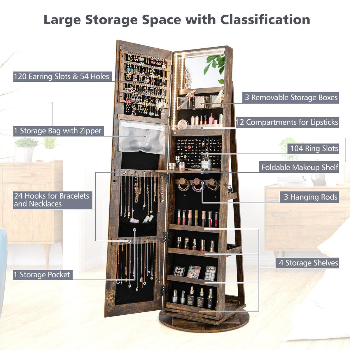 360° Rotating Mirrored Jewelry Cabinet Armoire 3 Color LED Modes Lockable-Brown view 9