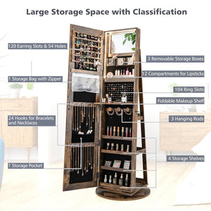 360° Rotating Mirrored Jewelry Cabinet Armoire 3 Color LED Modes Lockable-Brown view 9