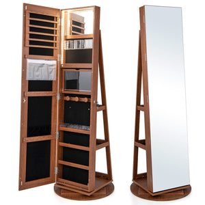 360° Rotating Mirrored Jewelry Cabinet Armoire 3 Color LED Modes Lockable-Dark Brown