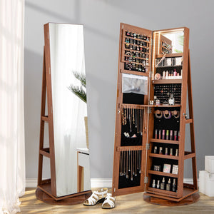 360° Rotating Mirrored Jewelry Cabinet Armoire 3 Color LED Modes Lockable-Dark Brown view 2