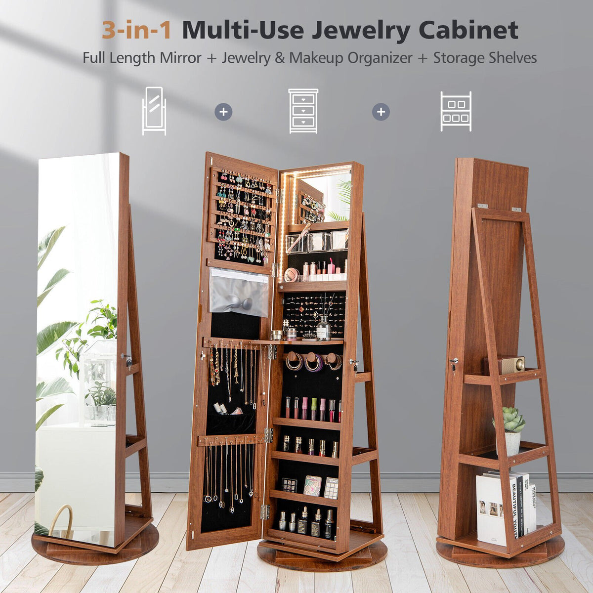 360° Rotating Mirrored Jewelry Cabinet Armoire 3 Color LED Modes Lockable-Dark Brown view 3