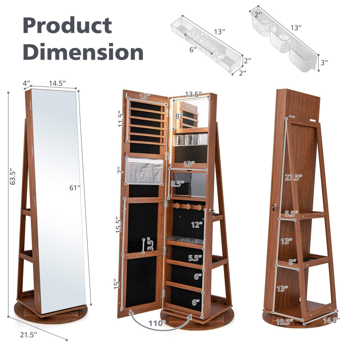 360° Rotating Mirrored Jewelry Cabinet Armoire 3 Color LED Modes Lockable-Dark Brown view 4
