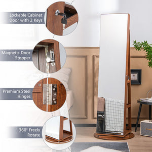360° Rotating Mirrored Jewelry Cabinet Armoire 3 Color LED Modes Lockable-Dark Brown view 5