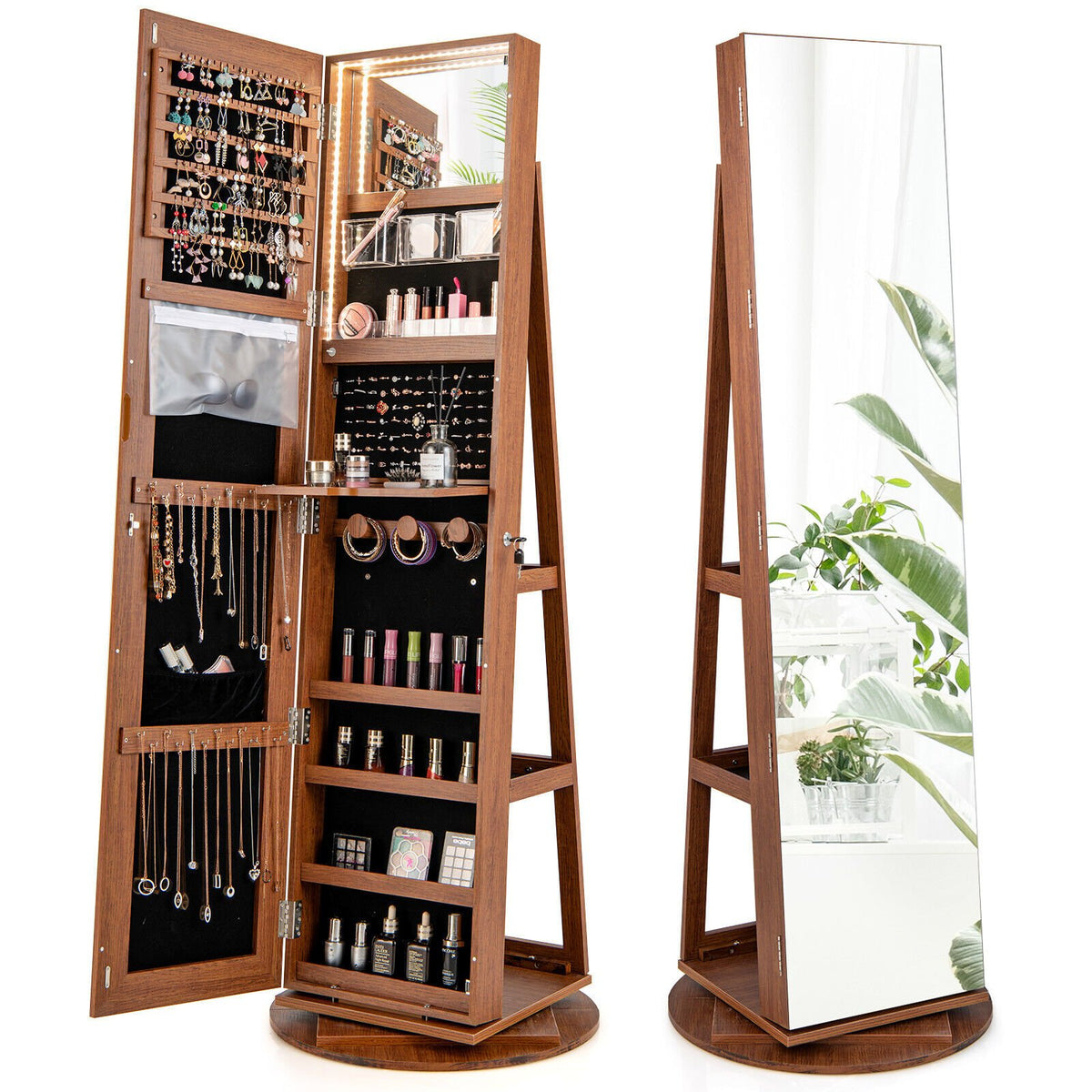 360° Rotating Mirrored Jewelry Cabinet Armoire 3 Color LED Modes Lockable-Dark Brown view 8