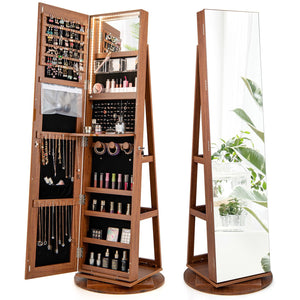 360° Rotating Mirrored Jewelry Cabinet Armoire 3 Color LED Modes Lockable-Dark Brown view 8