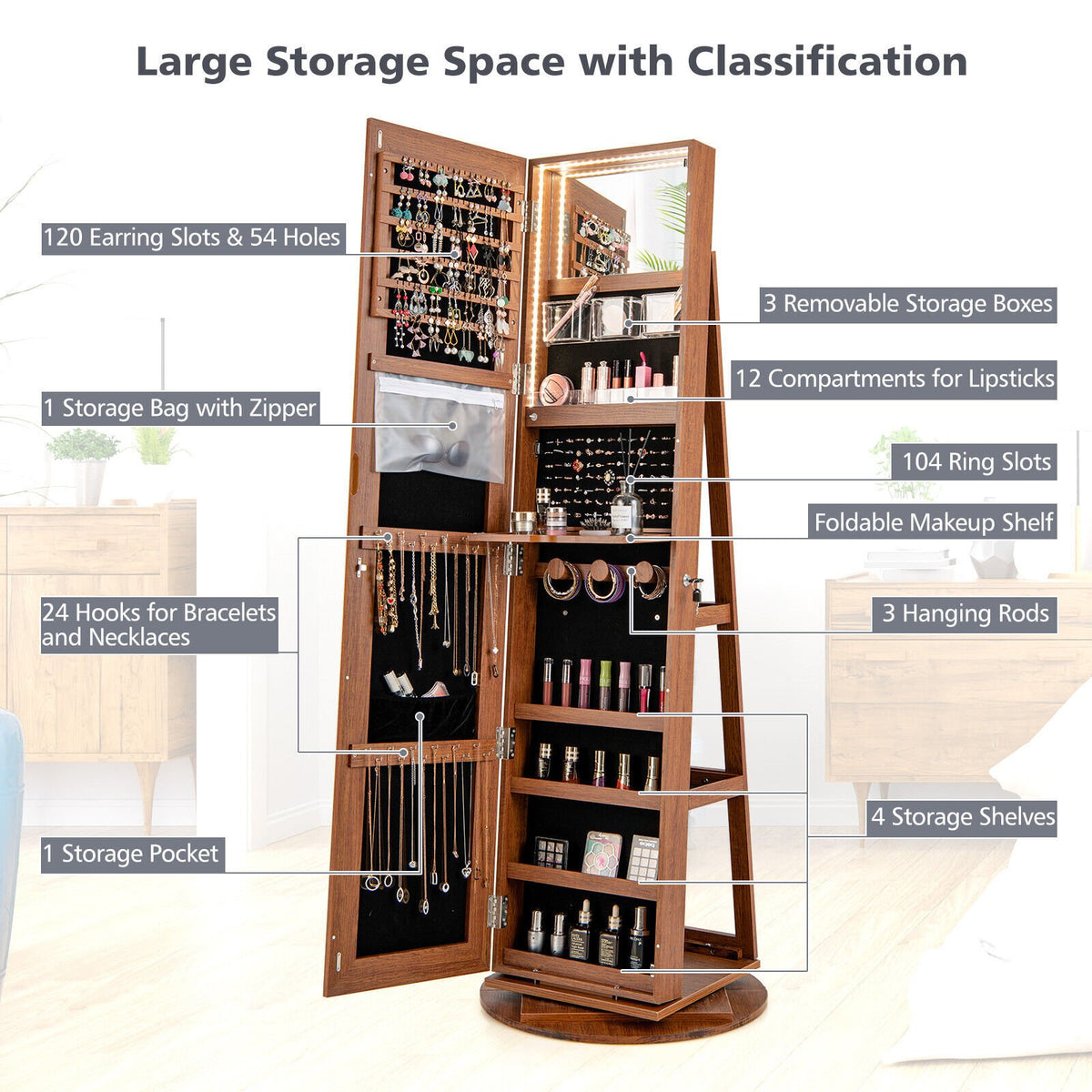 360° Rotating Mirrored Jewelry Cabinet Armoire 3 Color LED Modes Lockable-Dark Brown view 9