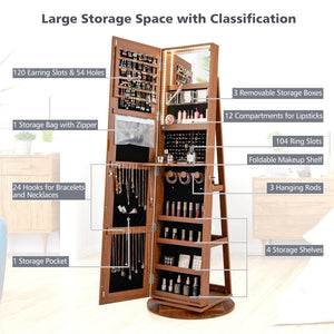 360° Rotating Mirrored Jewelry Cabinet Armoire 3 Color LED Modes Lockable-Dark Brown view 9