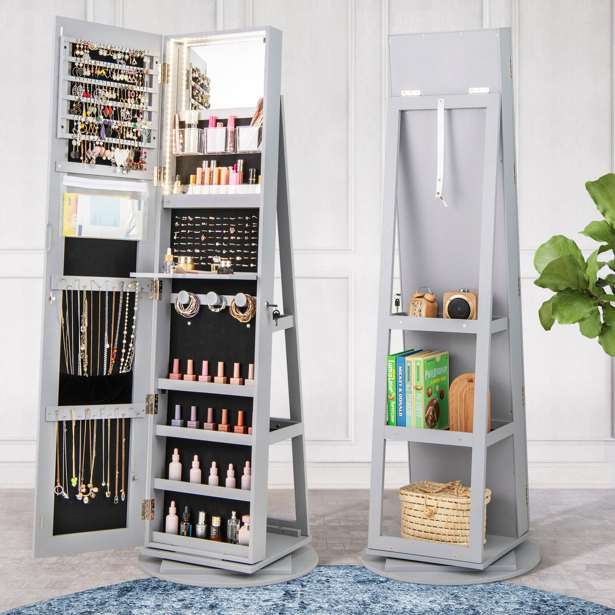 360° Rotating Mirrored Jewelry Cabinet Armoire 3 Color LED Modes Lockable-Gray view 3