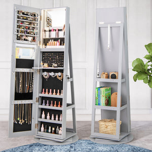 360° Rotating Mirrored Jewelry Cabinet Armoire 3 Color LED Modes Lockable-Gray view 3