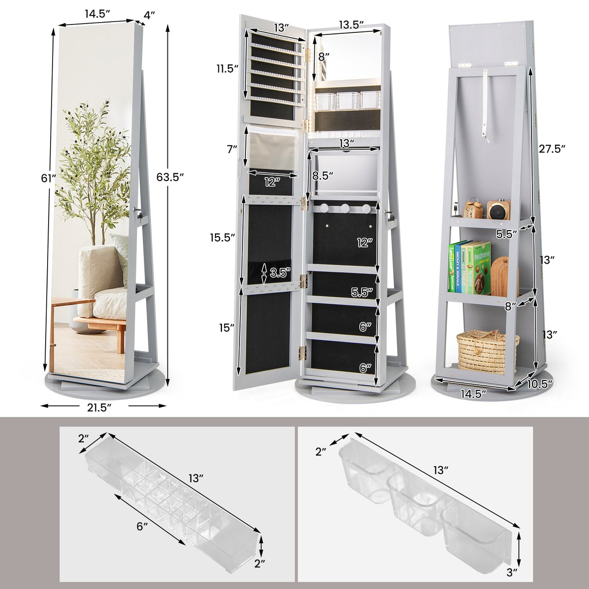 360° Rotating Mirrored Jewelry Cabinet Armoire 3 Color LED Modes Lockable-Gray view 4