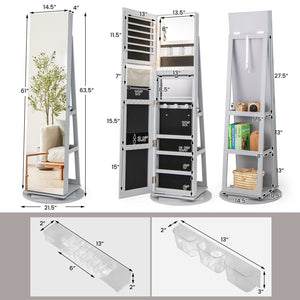 360° Rotating Mirrored Jewelry Cabinet Armoire 3 Color LED Modes Lockable-Gray view 4