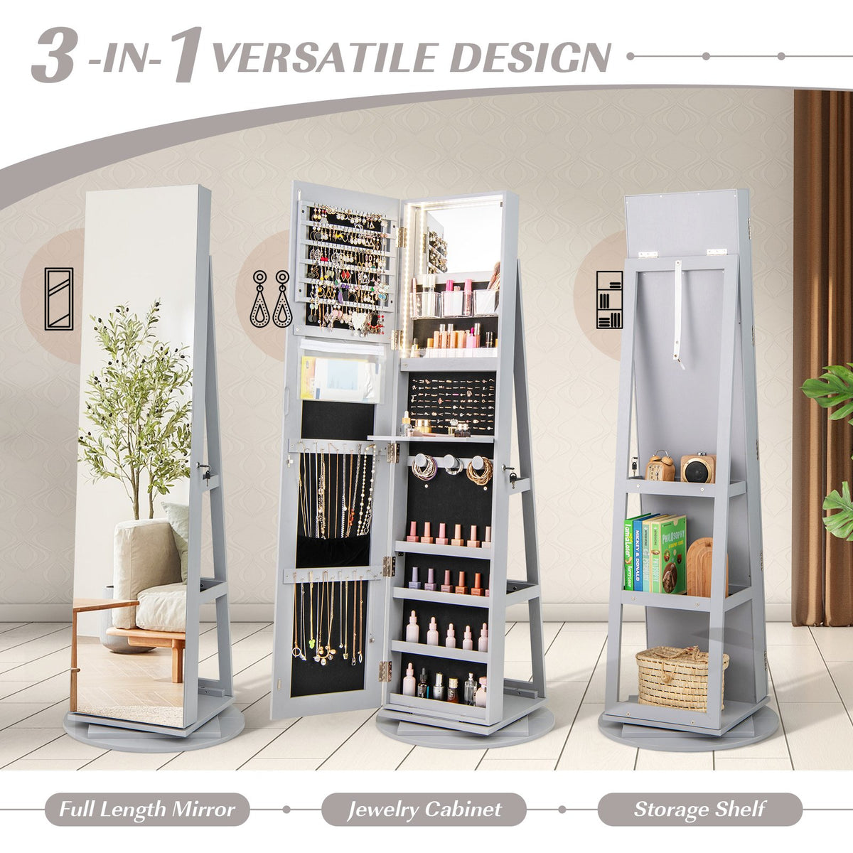 360° Rotating Mirrored Jewelry Cabinet Armoire 3 Color LED Modes Lockable-Gray view 5