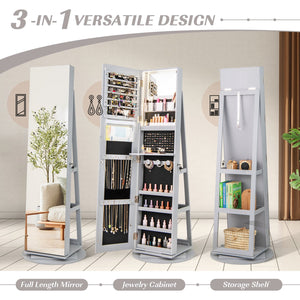 360° Rotating Mirrored Jewelry Cabinet Armoire 3 Color LED Modes Lockable-Gray view 5