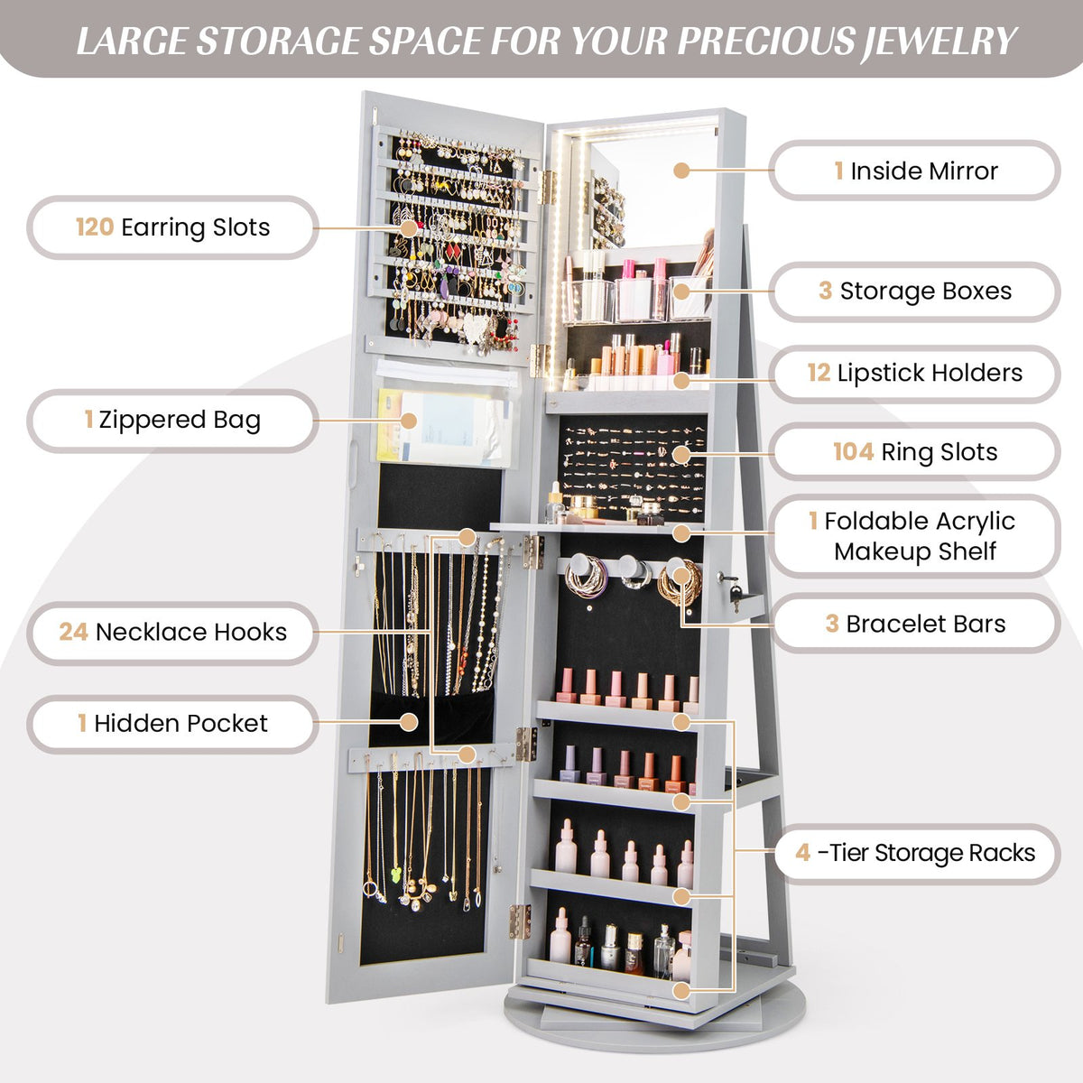 360° Rotating Mirrored Jewelry Cabinet Armoire 3 Color LED Modes Lockable-Gray view 6