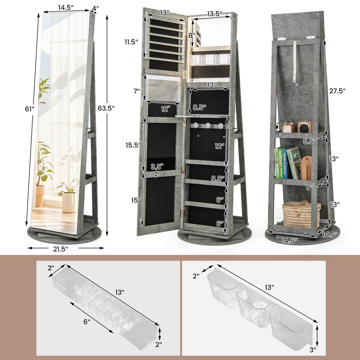 360° Rotating Mirrored Jewelry Cabinet Armoire 3 Color LED Modes Lockable-Green view 4
