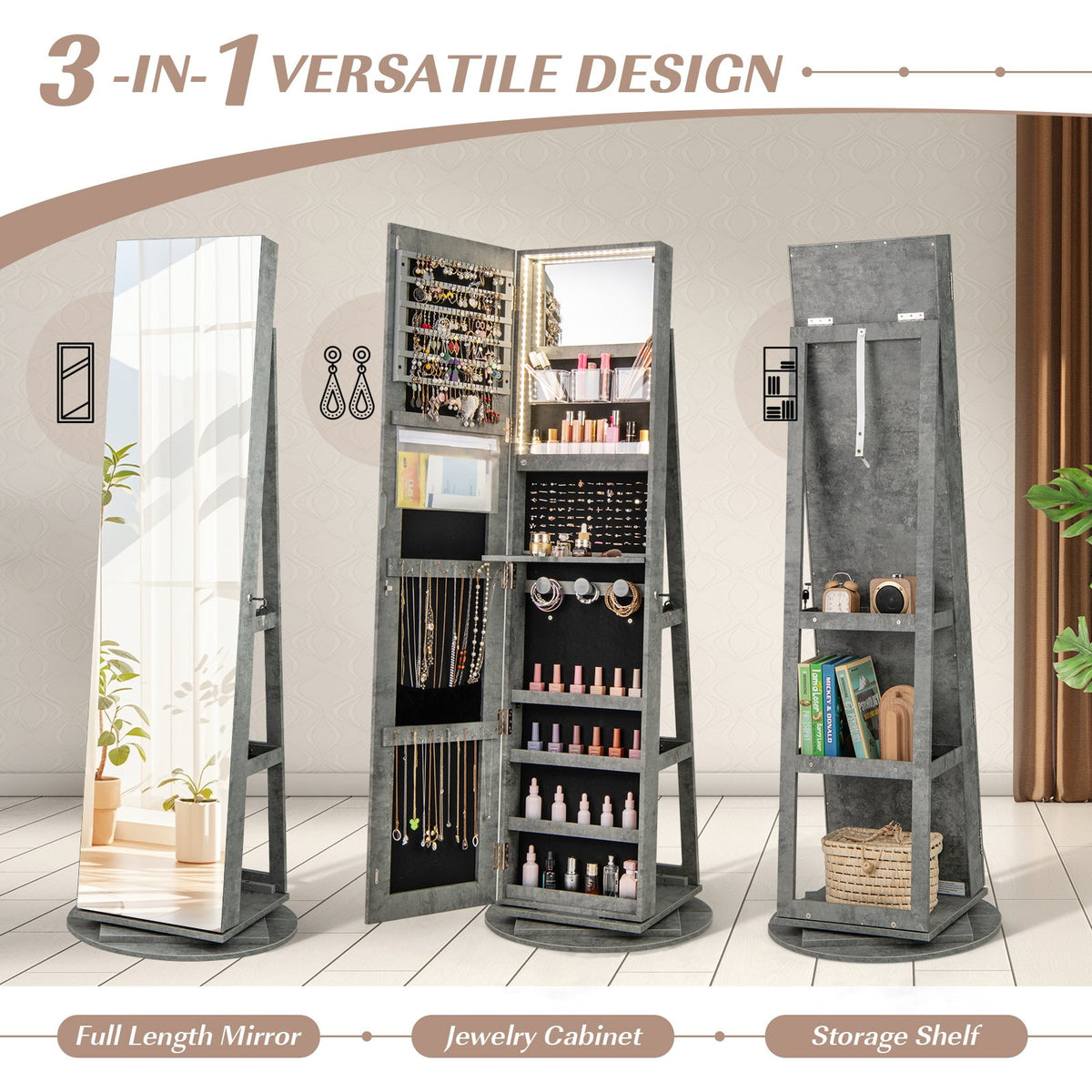 360° Rotating Mirrored Jewelry Cabinet Armoire 3 Color LED Modes Lockable-Green view 5