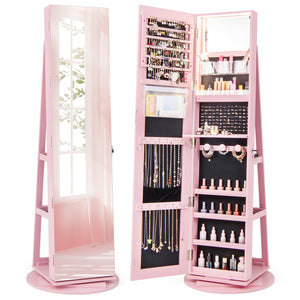 360° Rotating Mirrored Jewelry Cabinet Armoire 3 Color LED Modes Lockable-Pink