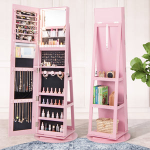 360° Rotating Mirrored Jewelry Cabinet Armoire 3 Color LED Modes Lockable-Pink view 3