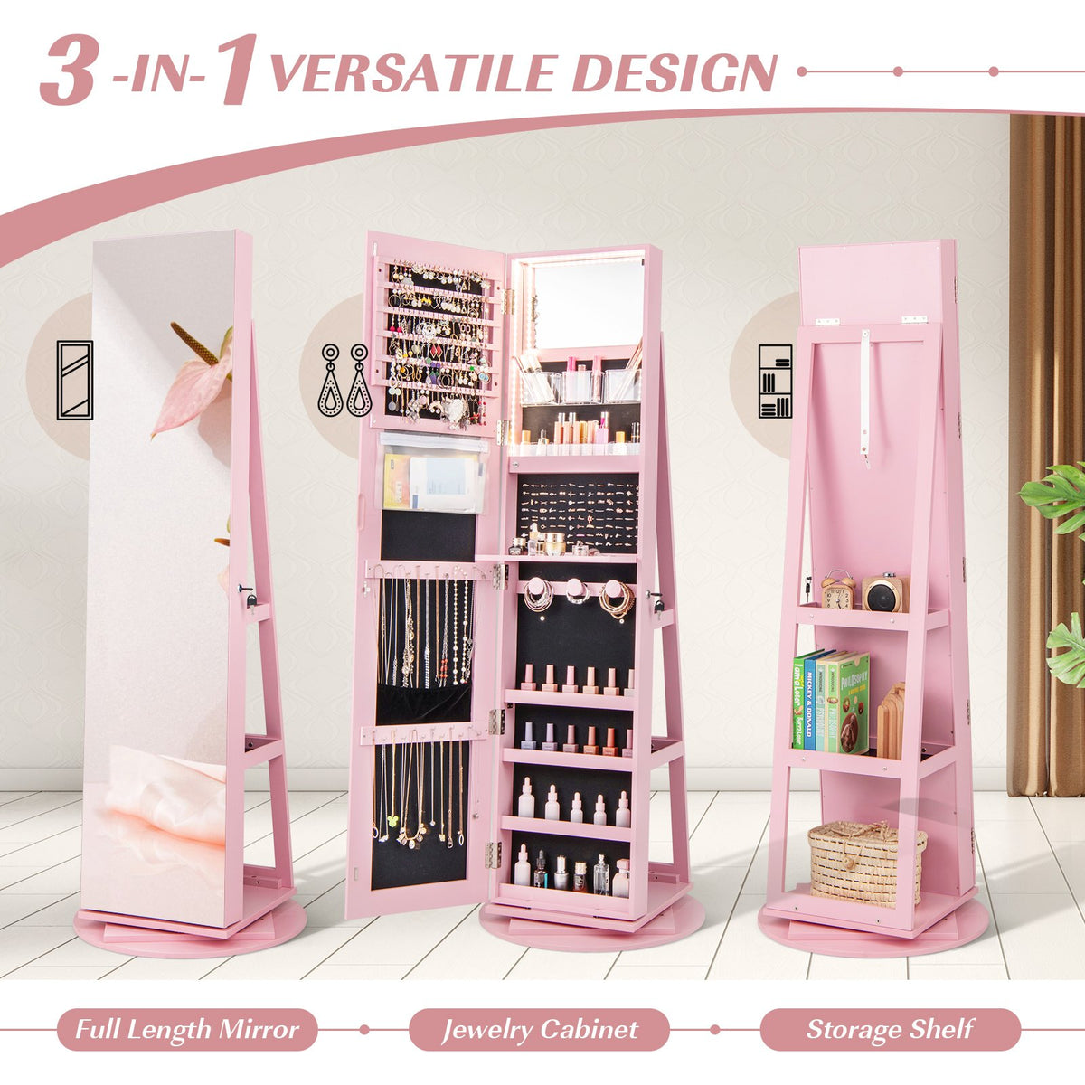 360° Rotating Mirrored Jewelry Cabinet Armoire 3 Color LED Modes Lockable-Pink view 5