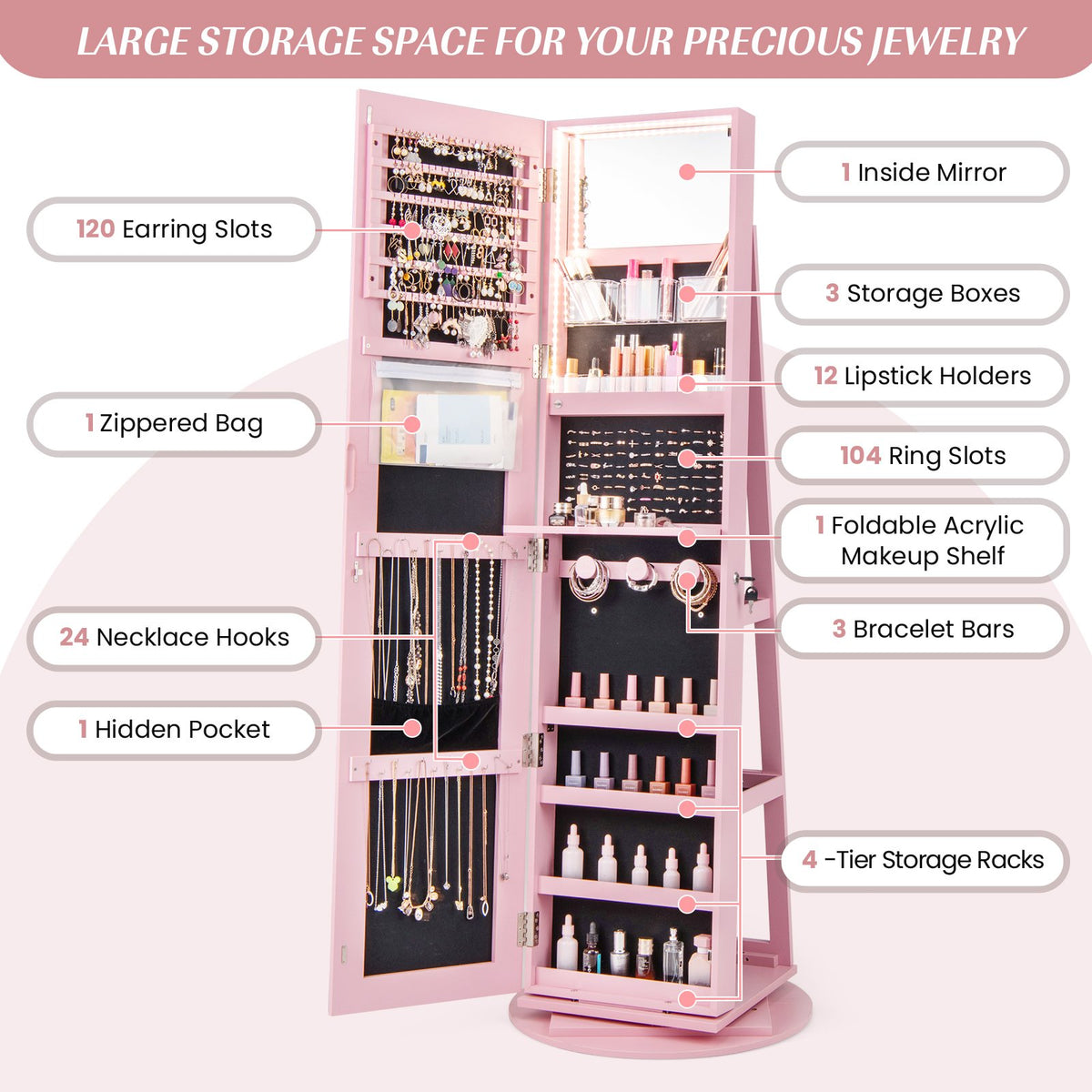 360° Rotating Mirrored Jewelry Cabinet Armoire 3 Color LED Modes Lockable-Pink view 6