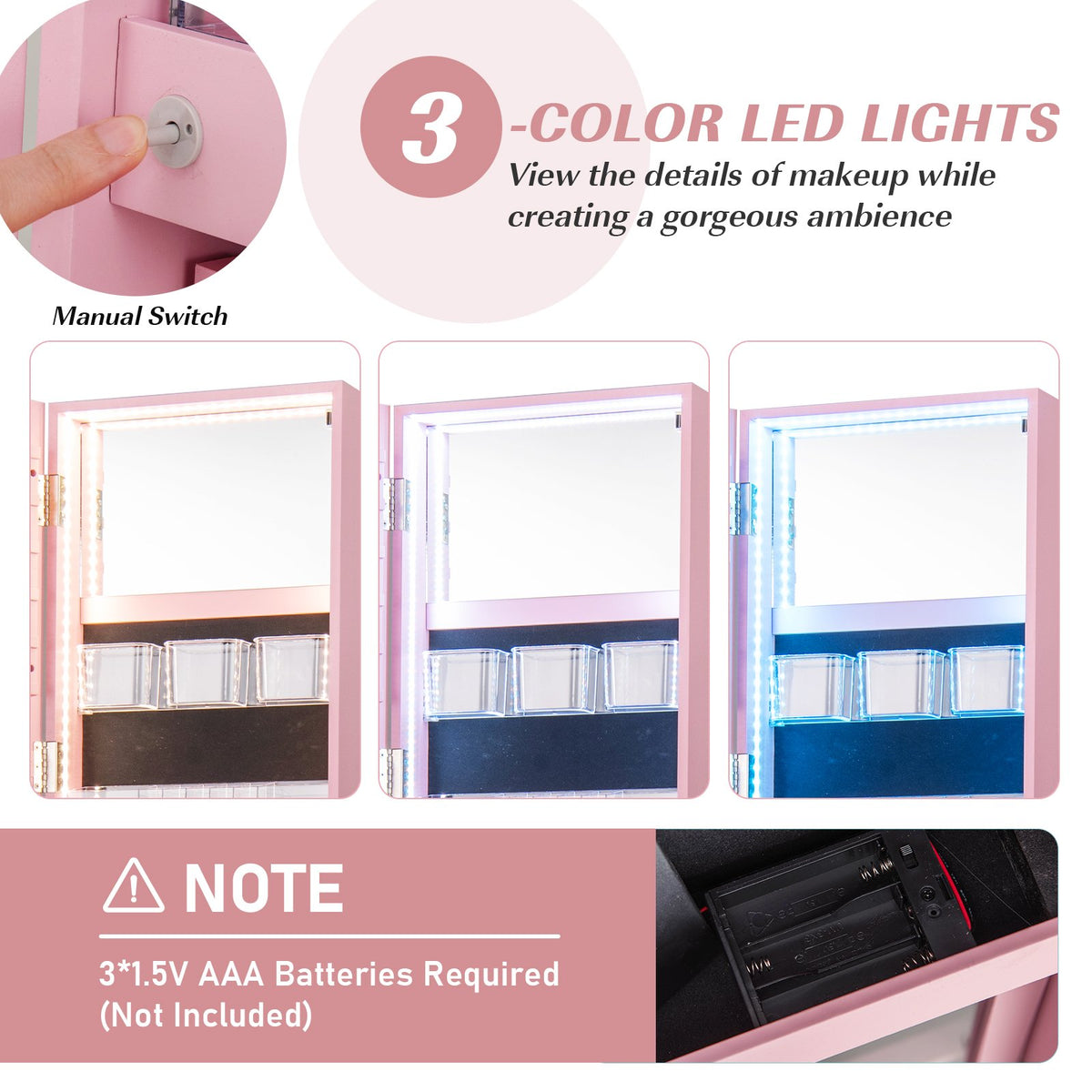 360° Rotating Mirrored Jewelry Cabinet Armoire 3 Color LED Modes Lockable-Pink view 7