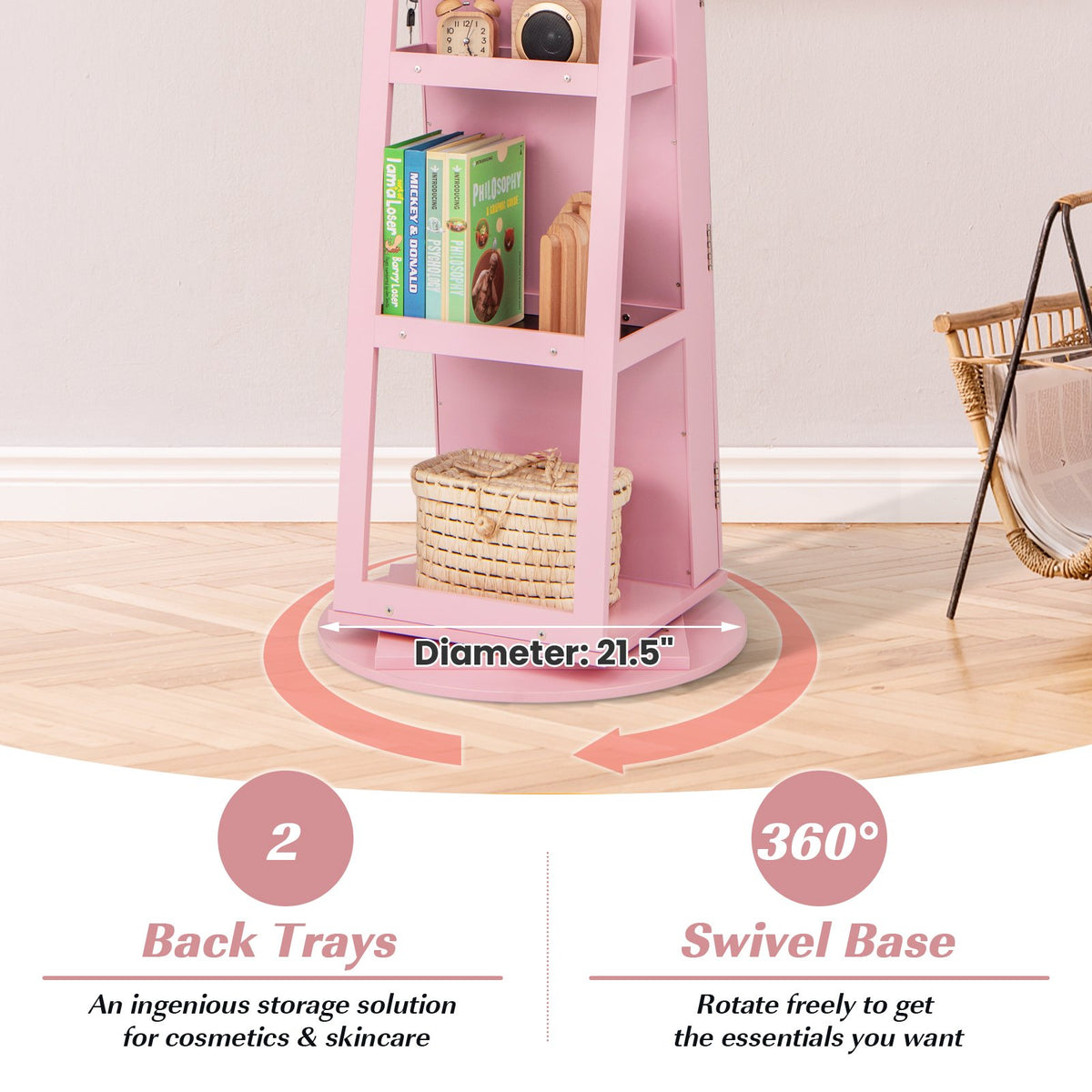 360° Rotating Mirrored Jewelry Cabinet Armoire 3 Color LED Modes Lockable-Pink view 9