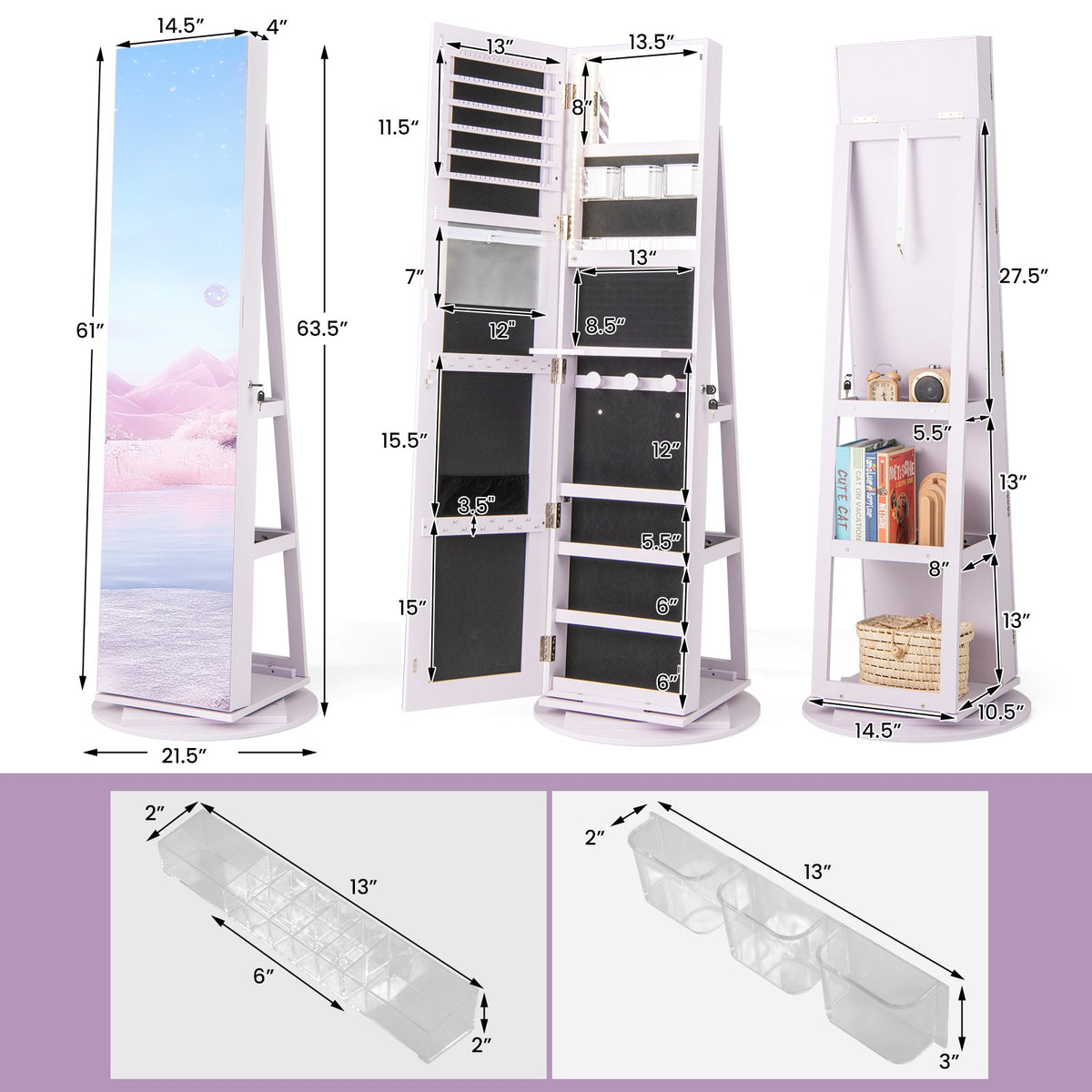 360° Rotating Mirrored Jewelry Cabinet Armoire 3 Color LED Modes Lockable-Purple view 4