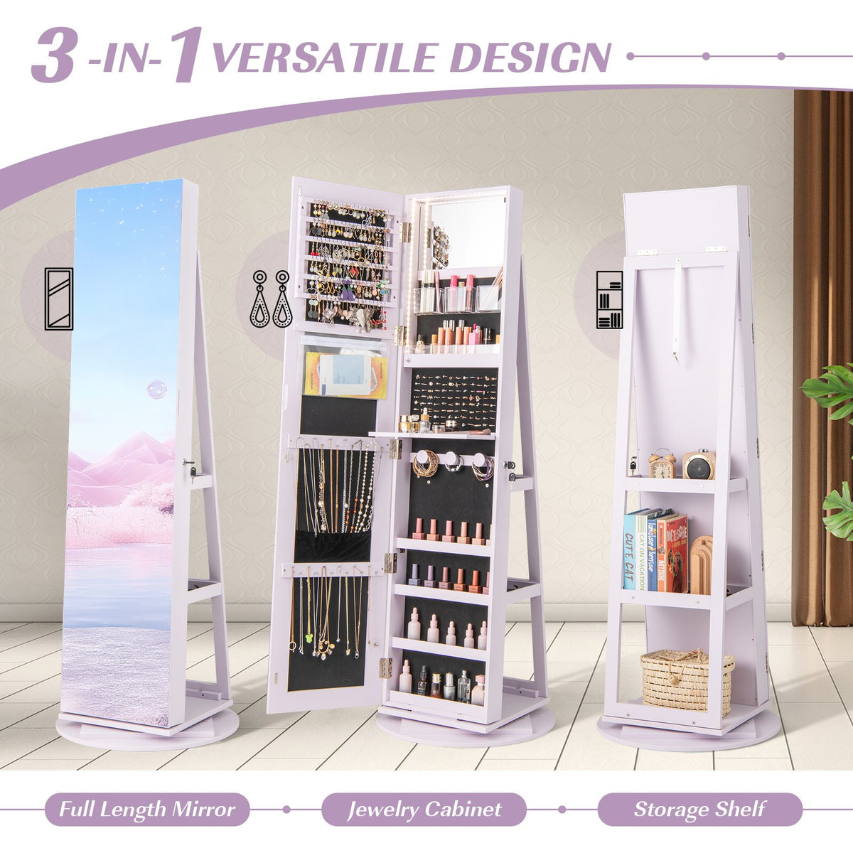 360° Rotating Mirrored Jewelry Cabinet Armoire 3 Color LED Modes Lockable-Purple view 5