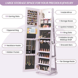 360° Rotating Mirrored Jewelry Cabinet Armoire 3 Color LED Modes Lockable-Purple view 6