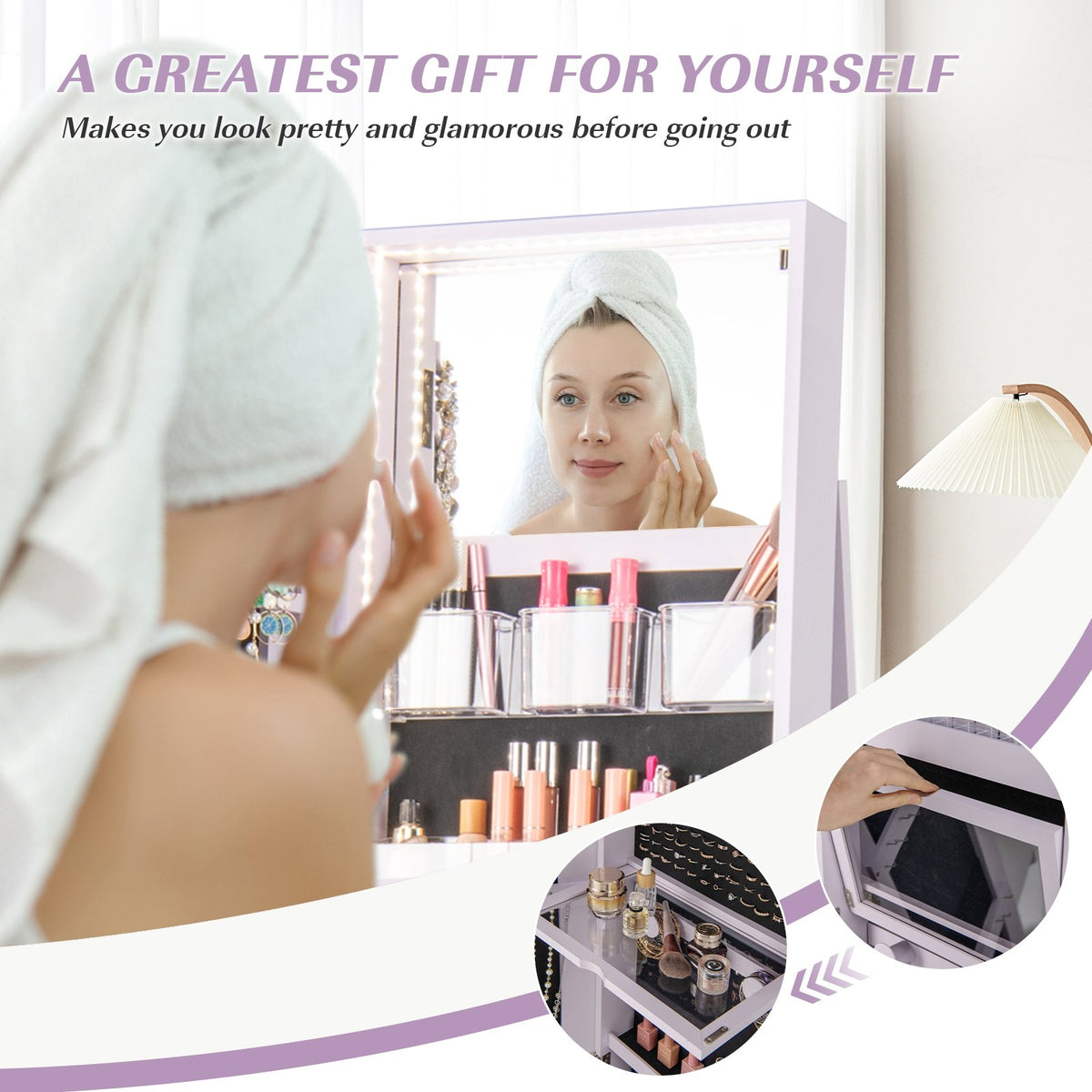 360° Rotating Mirrored Jewelry Cabinet Armoire 3 Color LED Modes Lockable-Purple view 8