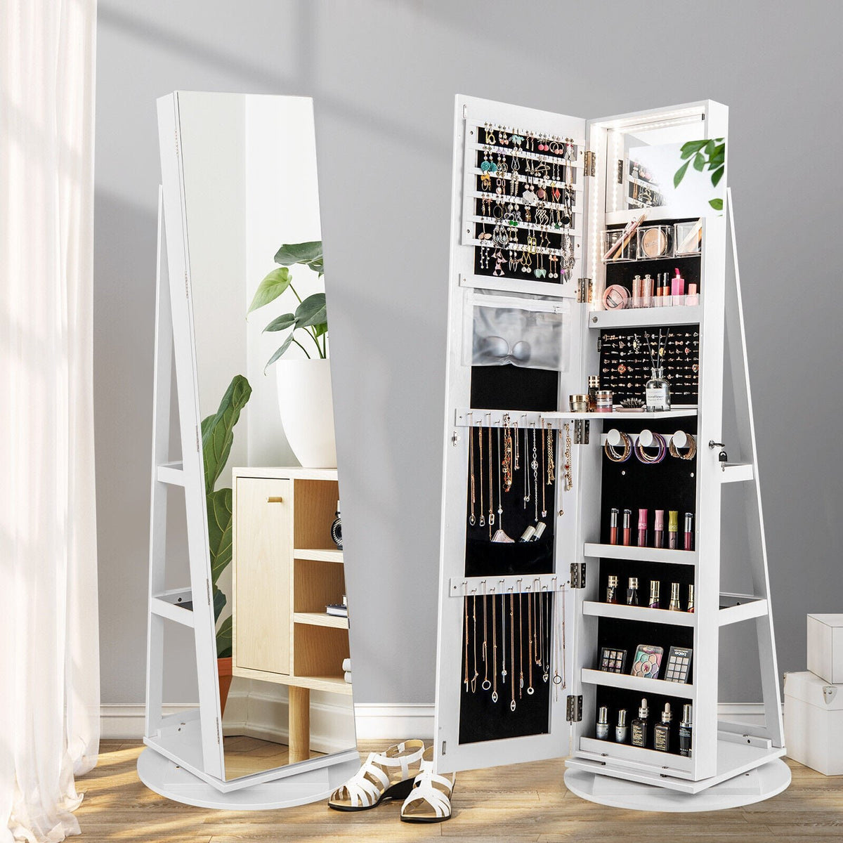360° Rotating Mirrored Jewelry Cabinet Armoire 3 Color LED Modes Lockable-White view 2