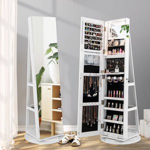 360° Rotating Mirrored Jewelry Cabinet Armoire 3 Color LED Modes Lockable-White view 2