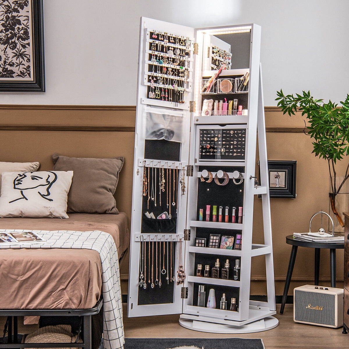 360° Rotating Mirrored Jewelry Cabinet Armoire 3 Color LED Modes Lockable-White view 3